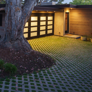 Großer Retro Vorgarten mit Auffahrt und Betonplatten in San Francisco