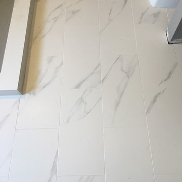MASTER BATHROOM - Porcelain White Marble Tile, Gray Hexagon Shower Floor