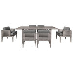 Armen Living - Vivid Outdoor Patio Dining Set, Olefin Cushions, Gray, 7-Piece Set - Transform your outdoor dining space with the Vivid Outdoor Patio Dining Set, a harmonious combination of the Vivid Outdoor Patio Dining Table and Dining Chairs. Crafted with precision and care, the dining table is a masterpiece of design and durability. Made from resilient Eucalyptus wood, it seamlessly blends form and function, offering a timeless aesthetic that withstands the tests of time and weather. Water-resistant and UV-resistant, this table stands strong in various outdoor conditions, providing a steadfast centerpiece for your gatherings. Its gray hue complements various outdoor chairs and settings, creating a welcoming space for all dining. Paired with the dining table is the Vivid Outdoor Patio Dining Chair, an exquisite blend of elegance and durability. Crafted with the timeless appeal of Gray Eucalyptus wood, this dining chair combines style with resilience. Water-resistant and UV-resistant, it remains unfazed by the whims of weather, ensuring a reliable and stylish seating solution. The plush Olefin cushions in a soothing gray tone add an extra layer of comfort to your outdoor dining experience. With water-resistant properties and easily removable covers, these cushions make maintenance a breeze, ensuring your dining chair stays inviting and fresh. Elevate your outdoor dining setup with the Vivid Outdoor Patio Dining Set. Whether enjoying a quiet dinner for two or hosting a larger gathering, this set offers a perfect balance of style and functionality. Invest in quality outdoor furniture that not only complements your patio but also enhances your overall dining experience. Create a focal point for cherished moments with the Vivid Outdoor Patio Dining Set in Eucalyptus Wood.