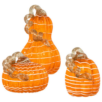 S/3 Orange/White Lines Glass Pumpkin & Gourd