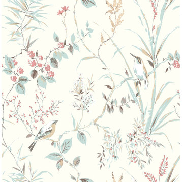 UW25886 Mariko Botanical Wallpaper in Cream Teal Coral Peach Songbirds Leaves