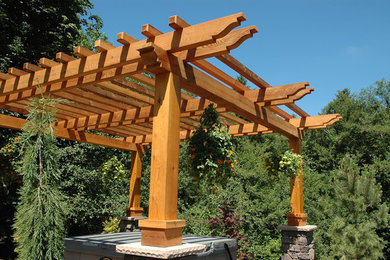 Mid-sized trendy backyard concrete paver patio photo in Other with a pergola