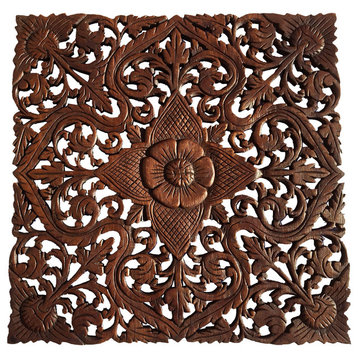 Asian Lotus Floral Carved Wood Wall Art Decor 24", Dark Brown