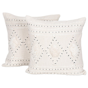 Novica Handmade Ivory Diamonds Embroidered Cotton Cushion Covers (Pair)