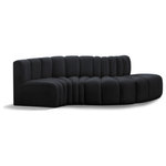 Meridian Furniture - Arc Velvet Upholstered 4-Pc. S-Shaped Modular Sectional, Black - Give your living room or den the perfect blend of style and versatility with this Arc velvet fabric curved modular Sectional. Part of the Arc modular furniture collection, this Sectional comes upholstered in rich black velvet fabric and features deep channel tufting that adds a touch of luxury while enhancing comfort and support. A seamless combination of form and function, this chair can be used with other Arc pieces to create a myriad of configurations in your well-curated room.