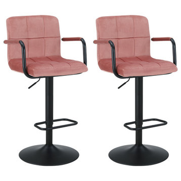 Set of 2 Open Arms Tufted Bar Stools, Pink-Velvet