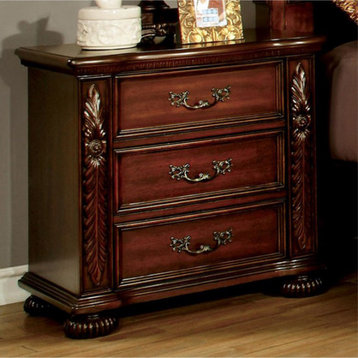 Traditional Nightstand, Unique Carved Details With 3 Drawers & Antique Hardware