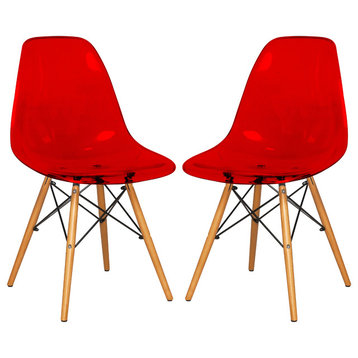 Dover Molded Dinin Side Chair, Wood Dowel Eiffel Base, Set of 2, Transparent Red