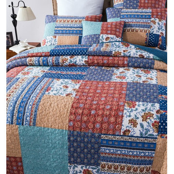 Bohemian Vibes Patchwork Floral Deep Blue & Burnt Orange Bedspread Set, King
