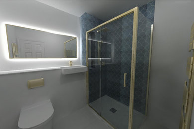 Photo of a medium sized contemporary shower room bathroom in London with a single sink, beige cabinets, a built-in shower, a wall mounted toilet, blue tiles, a built-in sink, concrete worktops, a hinged door, beige worktops, a built in vanity unit and wallpapered walls.