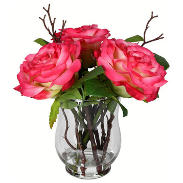 10" Dark Pink Rose In Glass Vase