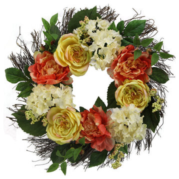22" Rose, Hydrangea, Peony Wreath Spring Greenery