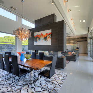 オースティンのコンテンポラリースタイルのLDKの画像 (白い壁、両方向型暖炉)