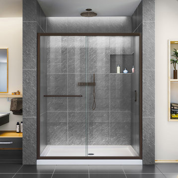 DreamLine Infinity-Z 32"D x 60"W Clear Shower Door, Bronze, Center Drain & Base