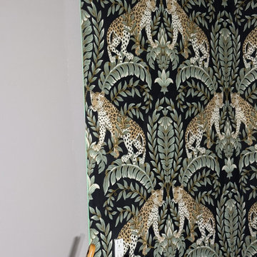 Leopard Botanical Wallpaper in a Full Bathroom