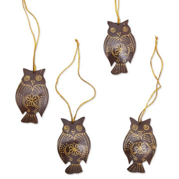 4-Piece Novica Hanging Owls Coconut Shell Ornaments