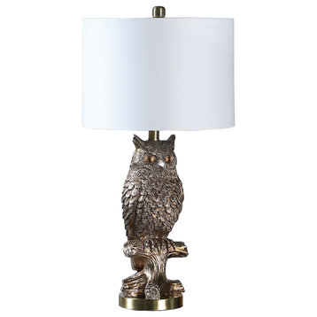 28�  Antiqued Silver Resin Owl Table or Desk Lamp