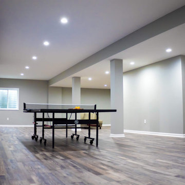 Transitional Basement Family Room With ping pong table