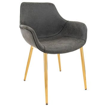 LeisureMod Markley Modern Leather Dining Armchair With Gold Legs, Charcoal Black
