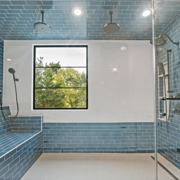 Incredible Blue & White Bath With Wall Bench & Steam Shower