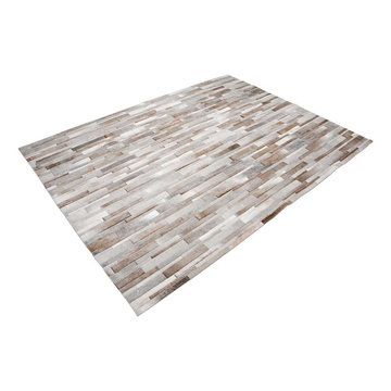 Patchwork Cowhide Rug Stripes Design in White, Gray and Beige
