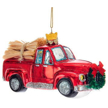 Kurt Adler Noble Gems Red Truck Loaded with Hay Glass  Holiday Ornament
