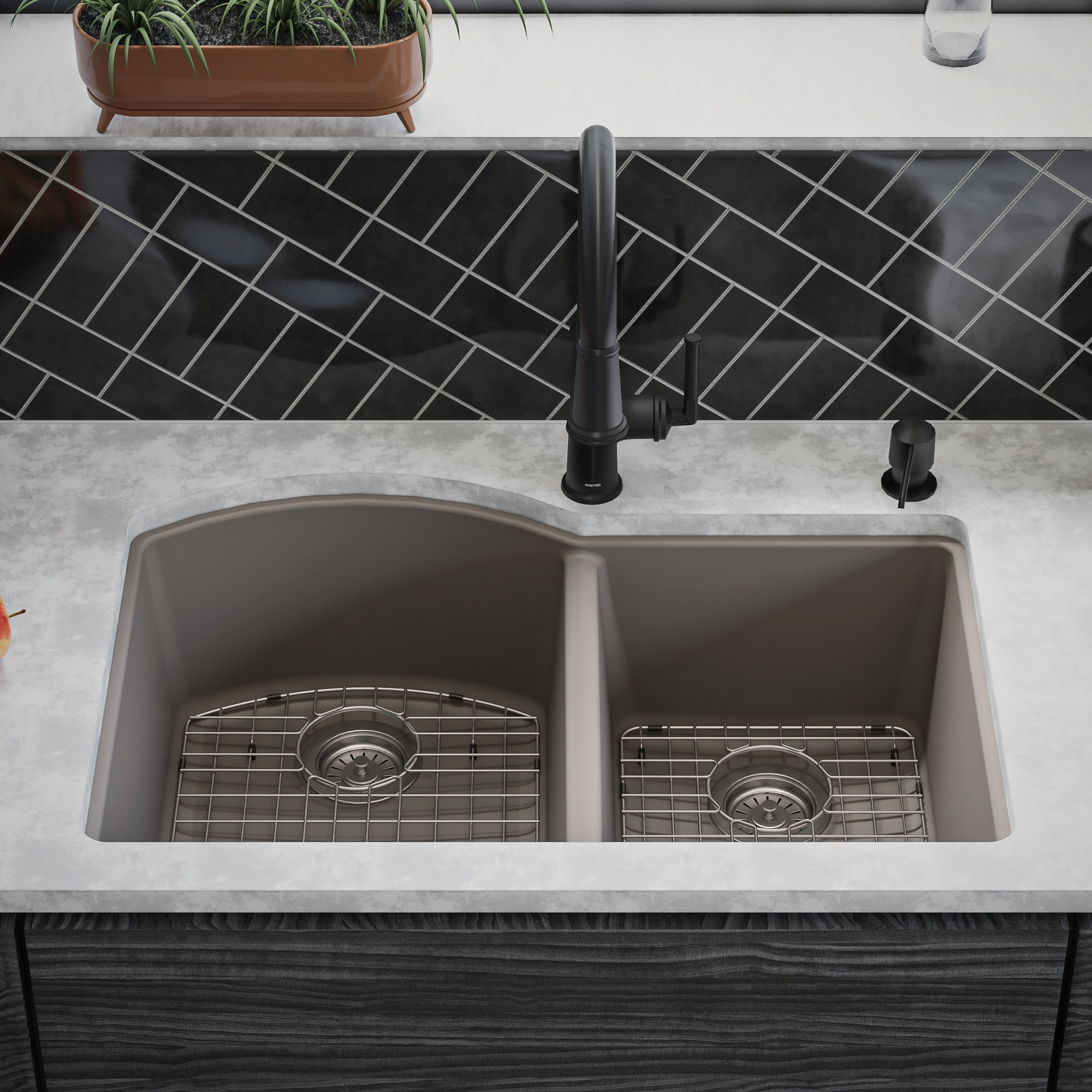 Karran Undermount Quartz 32" 60/40 Double Bowl Kitchen Sink Kit, Concrete