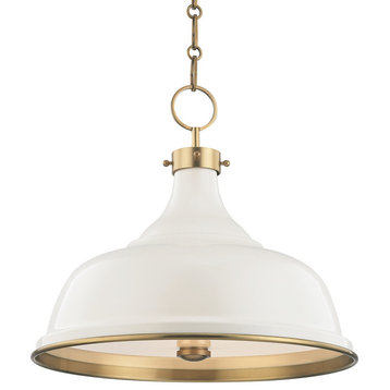 Painted No.1 3 Light Pendant in Aged Brass/Off White with Off White Shade