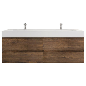 Monterey 72" Double Sink Wall Mounted Vanity with Reinforced Acrylic Sinks, Rosewood