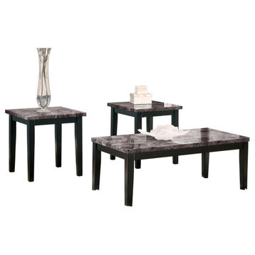 Faux Marble Top Table Set With Tapered Wooden Legs, Set Of Three, Black And Gray