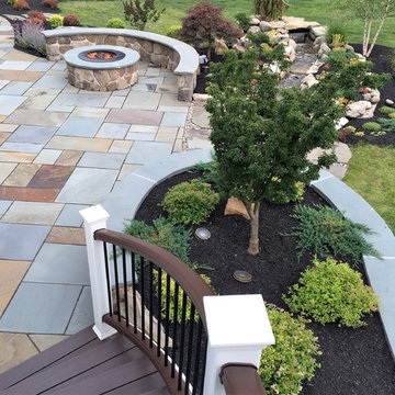Warren, NJ - Bluestone patio & walkway with fire pit and water feature
