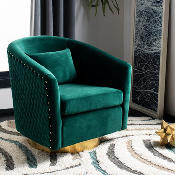 Safavieh Couture Clara Quilted Swivel Tub Chair, Emerald/Gold