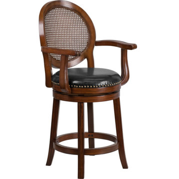 26'' High Expresso Wood Counter Height Stool, Black Leather Seat