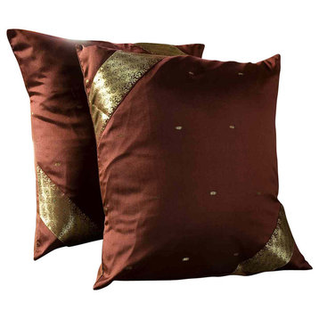 Brown- 2 Decorative handcrafted Sari Cushion Cover, Throw Pillow Case 16" X 16"
