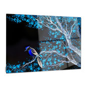 "Beautiful Bird on Flowering Branch" Glossy Metal Wall Art, 28"x12"