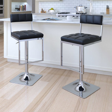 Square Tufted Adjustable Barstool, Black Leatherette, Set of 2