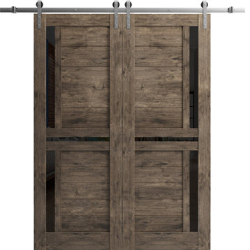 Double Barn Door 84 x 96 &, Veregio 7588 Cognac Oak & Black Glass, 14ft