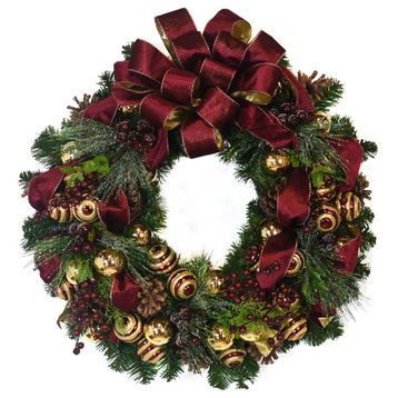 26" Evergreen Wreath with Berries, Pinecones, Ornaments and a Bow, Burgundy and Gold Swirl