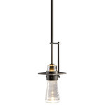 Hubbardton Forge - Erlenmeyer Mini Pendant, Dark Smoke Finish, Clear Glass - Inspired by the flat-bottomed Erlenmeyer flask, our large mini pendant is the right choice over an island or to illuminate the most stylish lab ever. With handcrafted collar circling the clear, thick blown-glass flask, this design bubbles with design chemistry.