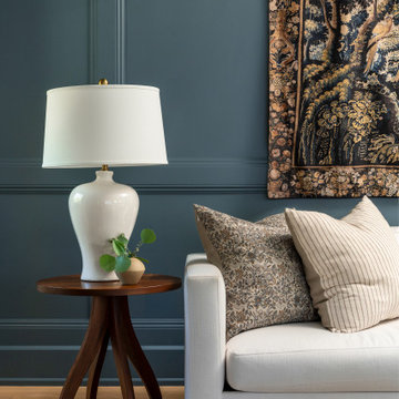 Family Room with Flat Panel Molding Wall in Deep Slate Blue and Neutral Lime Pai