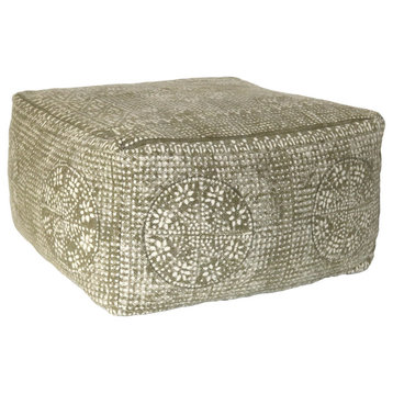 Olive Green Patterned Square Pouf