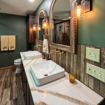 Custom Rustic Bathroom with Knotty Alder Vanity and Cambria Quartz