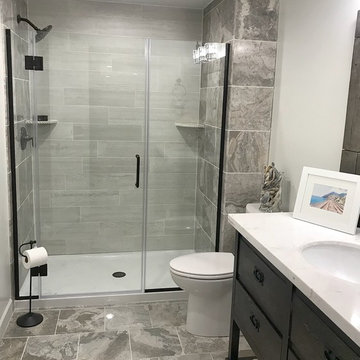 Marble and Whitewash Wood Plank Tile Shower