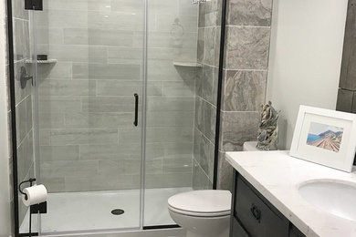 Marble and Whitewash Wood Plank Tile Shower