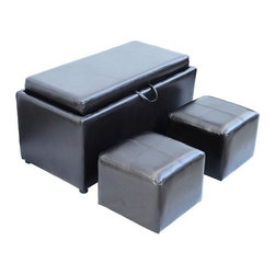 HomCom PU Leather Storage Bench Ottoman w/ 2 Footstools - Brown - Footstools And Ottomans