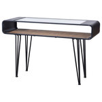 StyleCraft - Aaron Console Table Graphite Metal, Clear Glass Top, Rattan Lower Shelf - For an updated mid century modern inspired touch, choose the StyleCraft Natural and Graphite Gray Console Table. This table features rounded sides and graphite metal with a clear glass top and lower shelf made of rattan. Place this elegant console table in the entryway or living room to elevate the space.