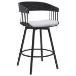 Armen Living - Athena Swivel Black Wood Counter Stool, Light Gray Fabric With Black Metal, 27" - Bring sophisticated style and comfort to your home with our Athena Upholstered Swivel Bar or Counter Stool. With bentwood construction, our bar stool features a stunningly streamlined and striking barrel back. Its sleek and eye-catching curves are complemented by an airy metallic frame and splayed legs for a stunning visual impact. An enveloping silhouette and padded seat promise a comfortable sit in a kitchen or lounge. Our barstool is available in both faux leather and high-performance fabric to best suit the daily wear and tear of your home. Expertly crafted from metal and engineered wood, the counter stool shows off a mixed material elegance to work well anywhere from your kitchen to a home office. It can complement a kitchen island, pub table, home bar, or adjustable desk, bringing a dose of style and comfort. Our modern bar stool comes with a wonderful 360-degree swivel with a smooth gliding system, allowing you to join conversations around the counter or work with ease and efficiency. The Athena swivel bar or counter stool easily incorporates into any home and is available in your choice of 27-inch or 31-inch seat height in a walnut wood finish with black, cream, and gray faux leather upholstery or a black wood finish with your choice of light gray or blue fabric or gray faux leather upholstery.