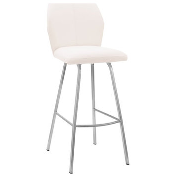 Armen Living Tandy 30" Faux Leather/Metal Bar Stool in White/Stainless Steel