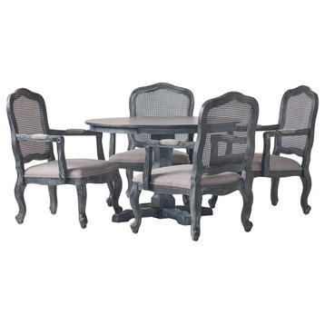 Absaroka French Country Fabric Wood and Cane 5-Piece Dining Set, Gray