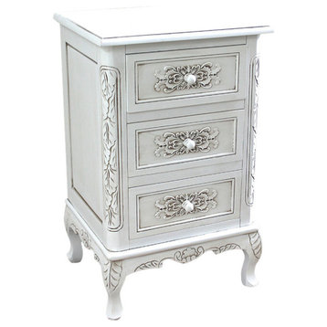 Windsor Antique White Carved Wood Three Drawer End Table, Antique White